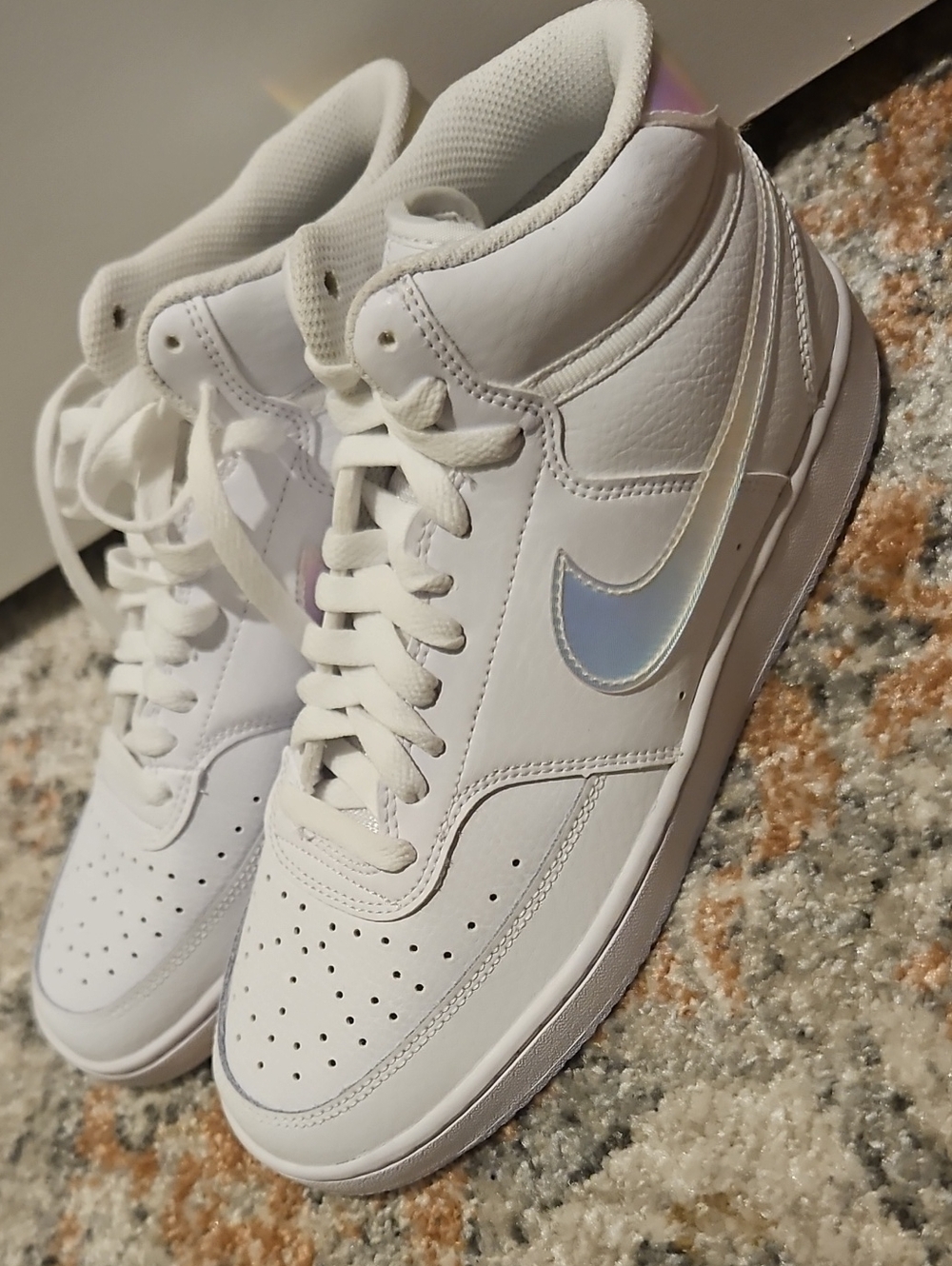 Nike Women’s White High-Top Sneakers with Iridescent Swoosh Accent